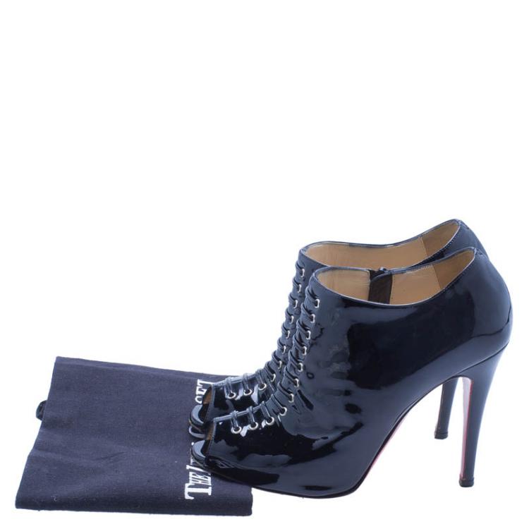Pre Owned Christian Louboutin Black Patent Christ Lace Up Peep Toe Ankle Boots Size 37