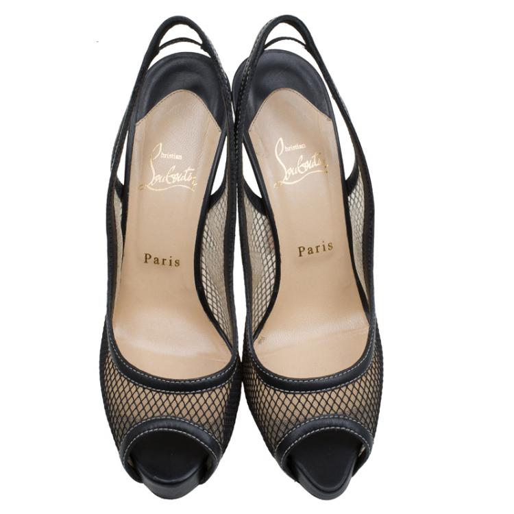Pre Owned Christian Louboutin Black Fishnet Canne A Peche Slingback Sandals Size 39.5