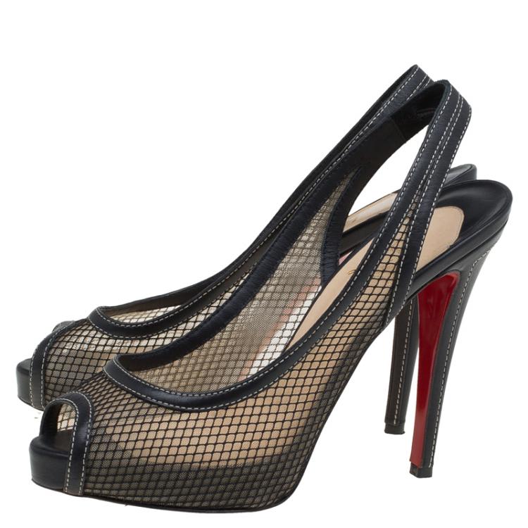 Pre Owned Christian Louboutin Black Fishnet Canne A Peche Slingback Sandals Size 39.5