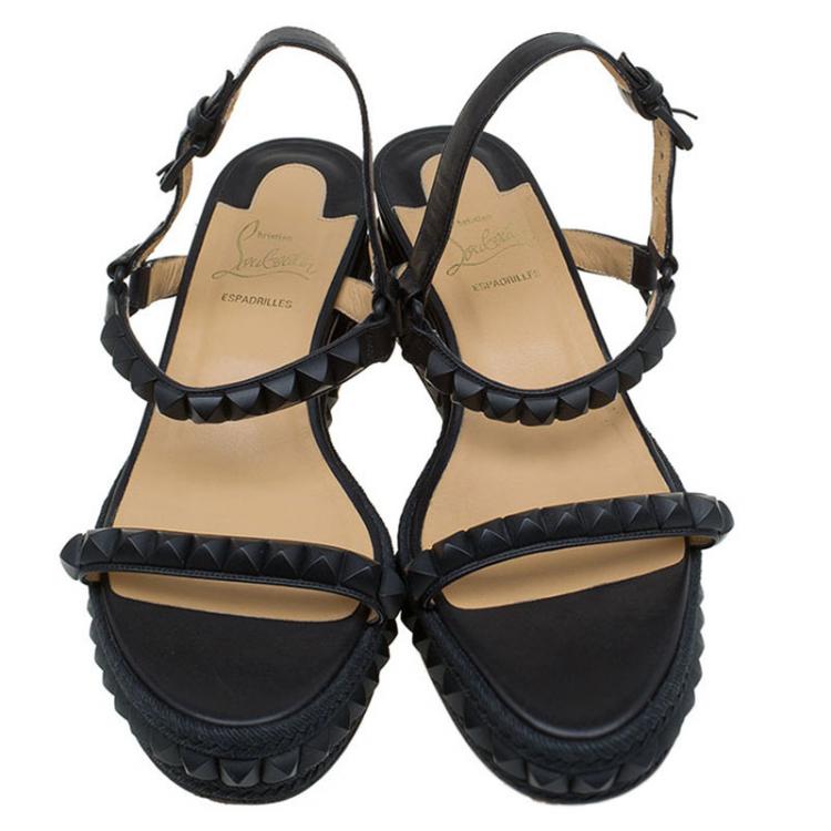 Pre Owned Christian Louboutin Black Studded Leather Cataclou Espadrille Wedge Sandals Size 40