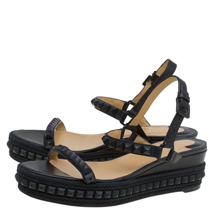 Pre Owned Christian Louboutin Black Studded Leather Cataclou Espadrille Wedge Sandals Size 40