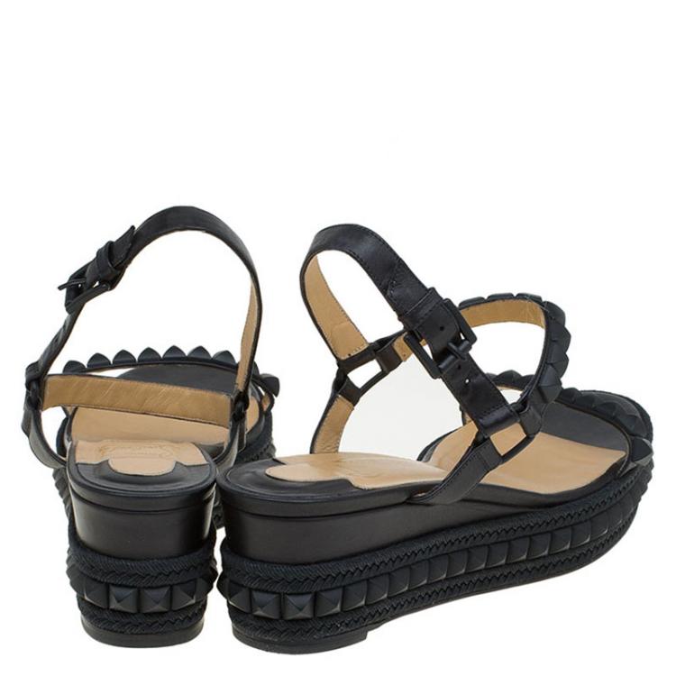 Pre Owned Christian Louboutin Black Studded Leather Cataclou Espadrille Wedge Sandals Size 40