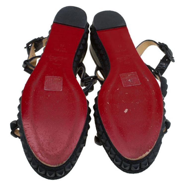 Pre Owned Christian Louboutin Black Studded Leather Cataclou Espadrille Wedge Sandals Size 40
