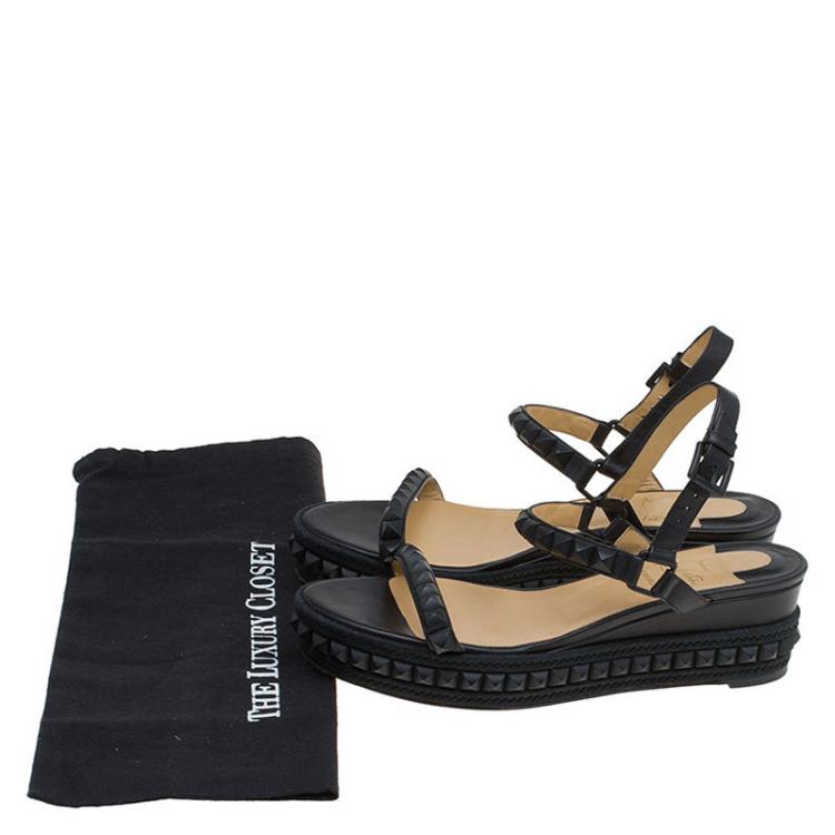 Pre Owned Christian Louboutin Black Studded Leather Cataclou Espadrille Wedge Sandals Size 40