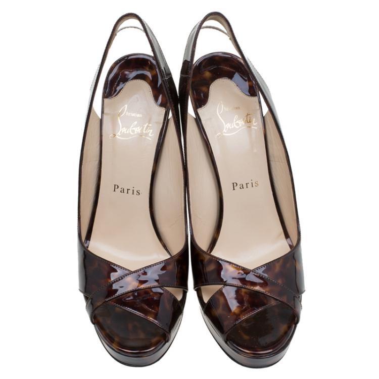 Pre Owned Christian Louboutin Tortoise Patent Marpoil Block Heel Slingback Sandals Size 38.5