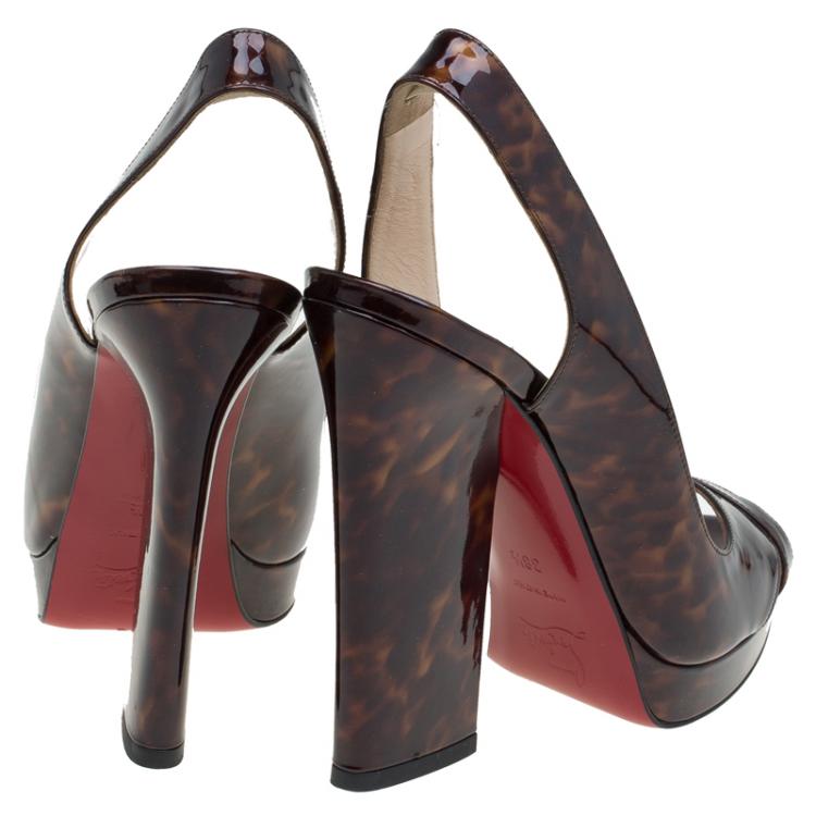 Pre Owned Christian Louboutin Tortoise Patent Marpoil Block Heel Slingback Sandals Size 38.5