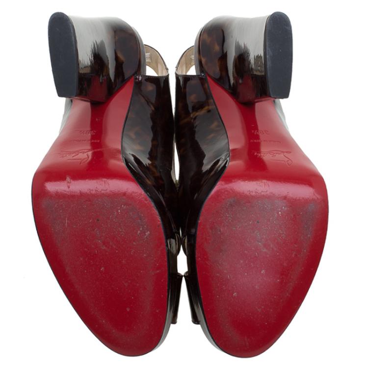 Pre Owned Christian Louboutin Tortoise Patent Marpoil Block Heel Slingback Sandals Size 38.5