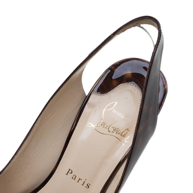 Pre Owned Christian Louboutin Tortoise Patent Marpoil Block Heel Slingback Sandals Size 38.5