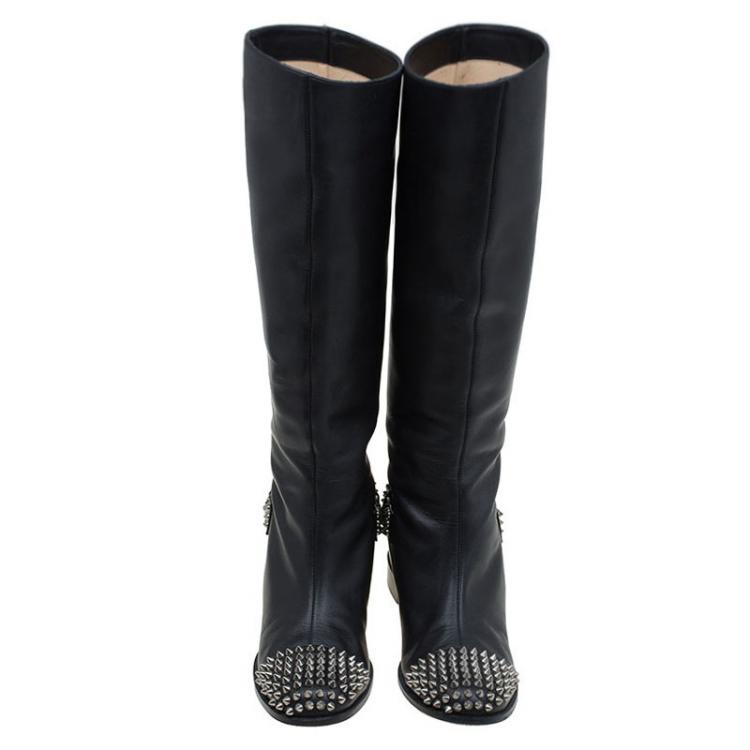 Pre Owned Christian Louboutin Black Leather Spike Cap Toe Egoutina Knee Boots Size 41