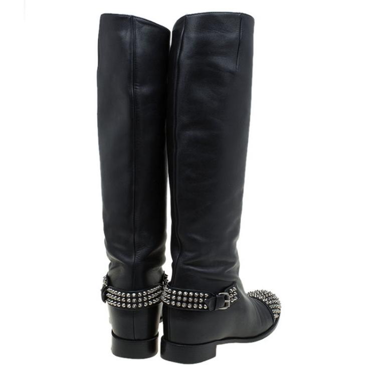 Pre Owned Christian Louboutin Black Leather Spike Cap Toe Egoutina Knee Boots Size 41