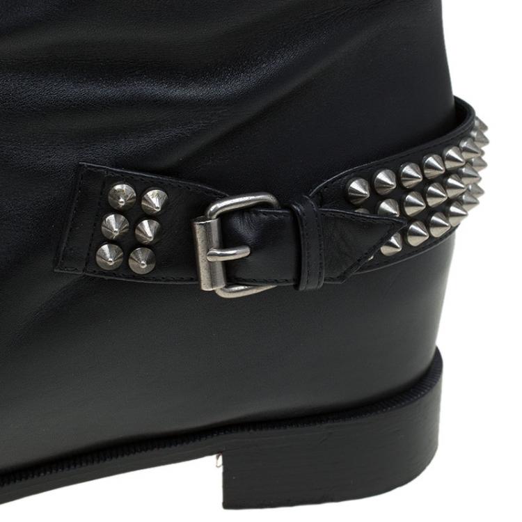 Pre Owned Christian Louboutin Black Leather Spike Cap Toe Egoutina Knee Boots Size 41