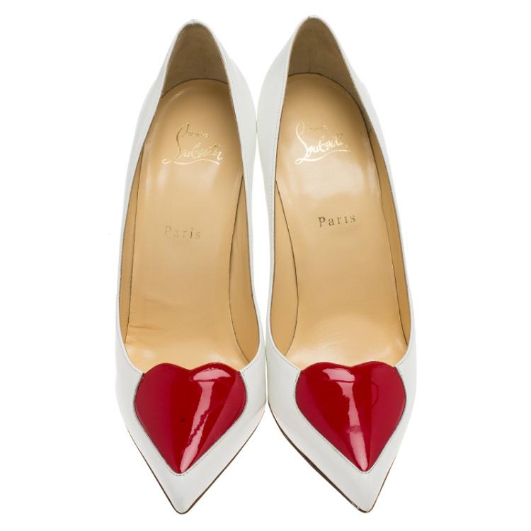 Pre Owned Christian Louboutin White Leather Cora Heart Detail Pumps Size 39.5