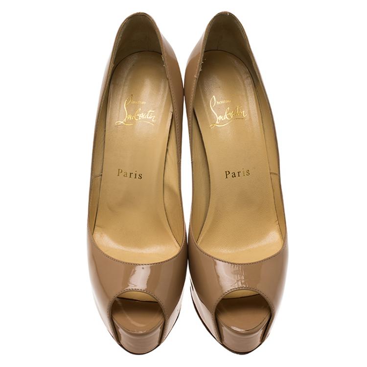 Pre Owned Christian Louboutin Beige Patent New Very Prive Peep Toe Pumps Size 38