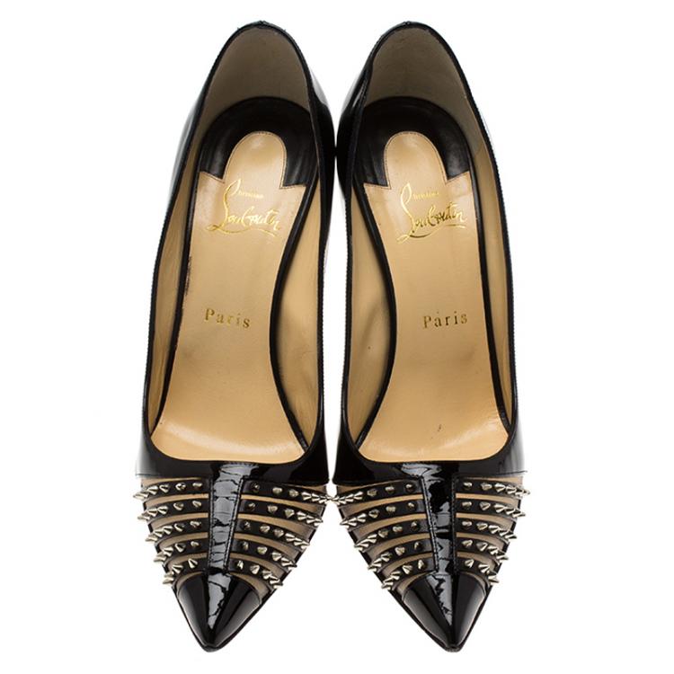 Pre Owned Christian Louboutin Black Patent Leather Spiked Bareta Pumps Size 40.5