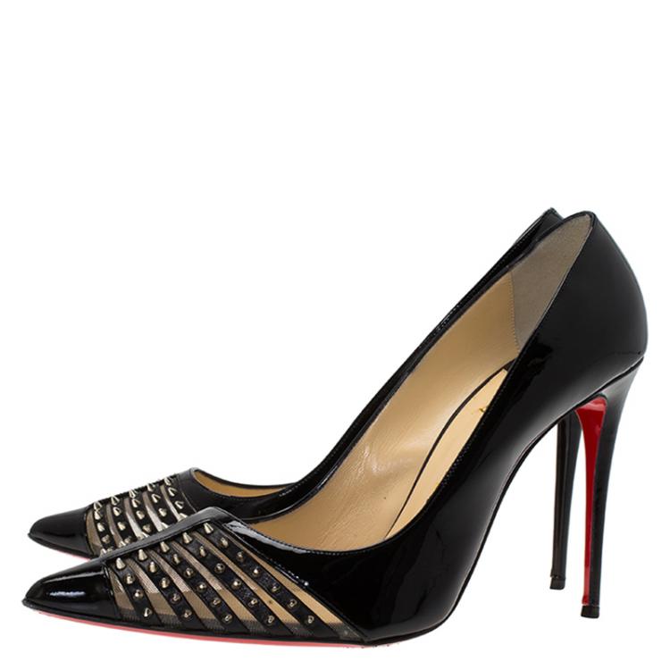Pre Owned Christian Louboutin Black Patent Leather Spiked Bareta Pumps Size 40.5