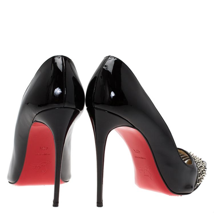 Pre Owned Christian Louboutin Black Patent Leather Spiked Bareta Pumps Size 40.5