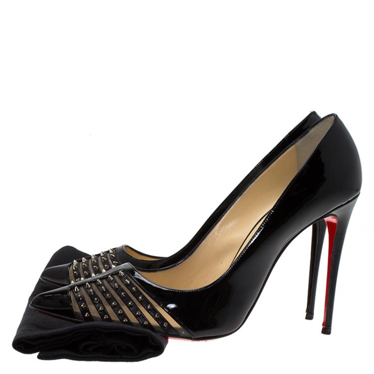 Pre Owned Christian Louboutin Black Patent Leather Spiked Bareta Pumps Size 40.5