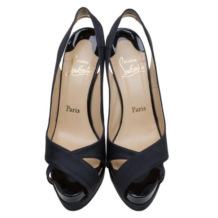 Pre Owned Christian Louboutin Black Satin Very Croise Slingback Platform Sandals Size 38.5
