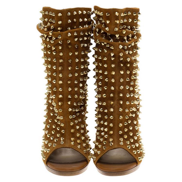 Pre Owned Christian Louboutin Brown Spiked Suede Guerilla Open Toe Slouchy Ankle Boots Size 38