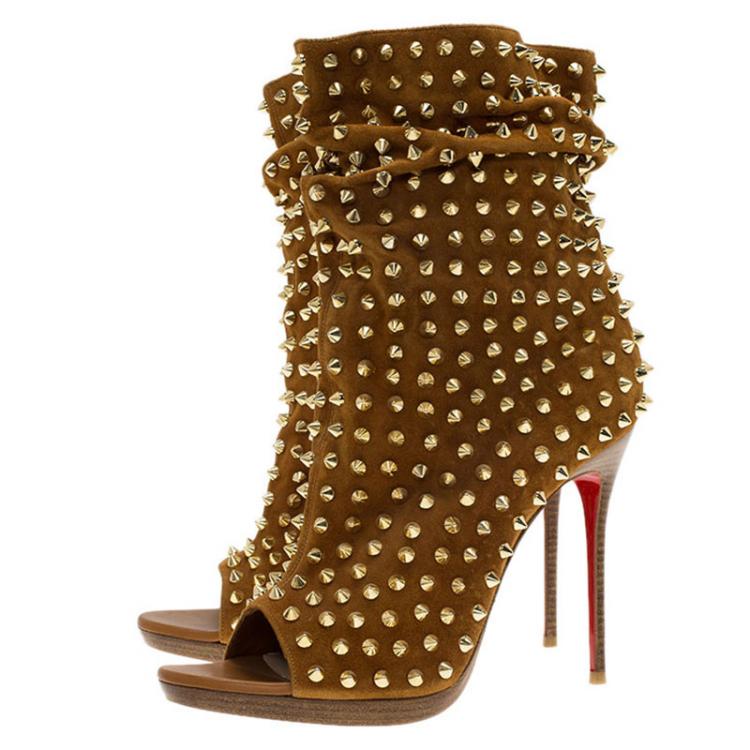Pre Owned Christian Louboutin Brown Spiked Suede Guerilla Open Toe Slouchy Ankle Boots Size 38
