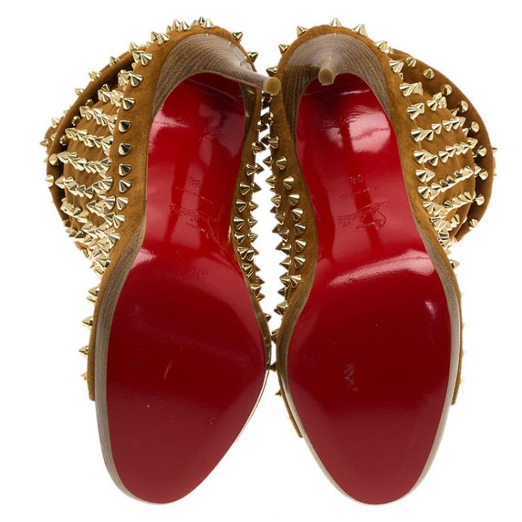 Pre Owned Christian Louboutin Brown Spiked Suede Guerilla Open Toe Slouchy Ankle Boots Size 38