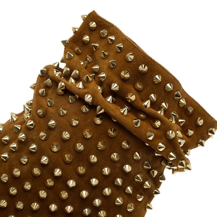 Pre Owned Christian Louboutin Brown Spiked Suede Guerilla Open Toe Slouchy Ankle Boots Size 38