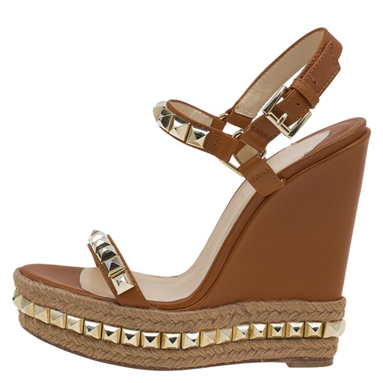 Christian Louboutin Brown Studded Leather Cataclou Espadrille Wedge Sandals  Size 38 Christian Louboutin