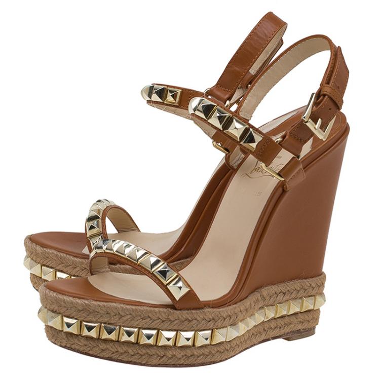 Pre Owned Christian Louboutin Brown Studded Leather Cataclou Espadrille Wedge Sandals Size 38