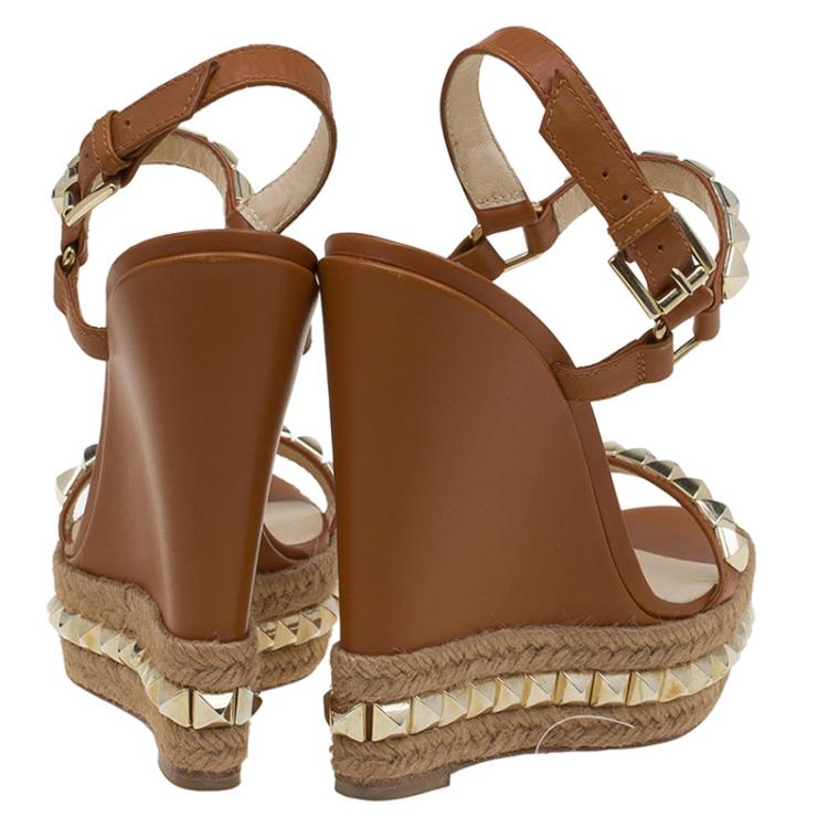 Pre Owned Christian Louboutin Brown Studded Leather Cataclou Espadrille Wedge Sandals Size 38