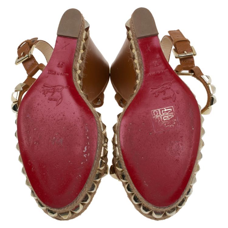 Pre Owned Christian Louboutin Brown Studded Leather Cataclou Espadrille Wedge Sandals Size 38