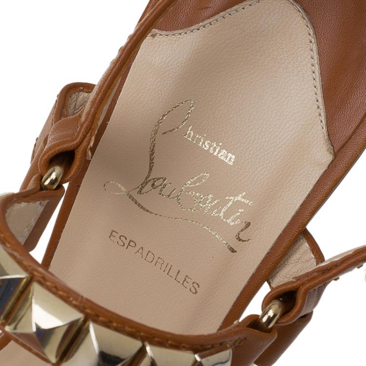 Pre Owned Christian Louboutin Brown Studded Leather Cataclou Espadrille Wedge Sandals Size 38