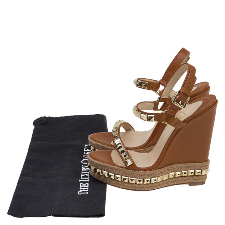 Pre Owned Christian Louboutin Brown Studded Leather Cataclou Espadrille Wedge Sandals Size 38