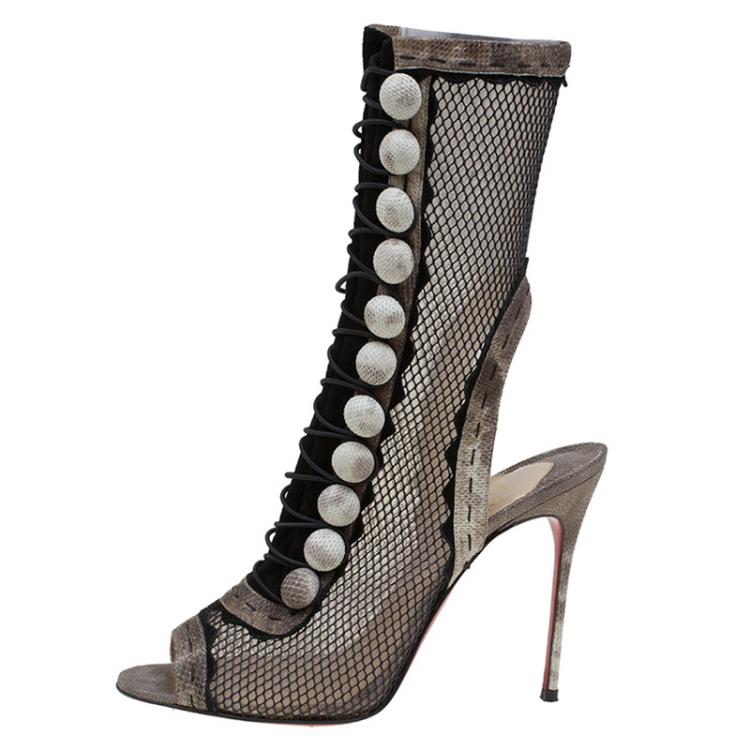 Pre Owned Christian Louboutin Black Mesh and Beige Watersnake Attention 100 Cut Out Boots Size 38.5