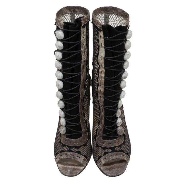 Pre Owned Christian Louboutin Black Mesh and Beige Watersnake Attention 100 Cut Out Boots Size 38.5