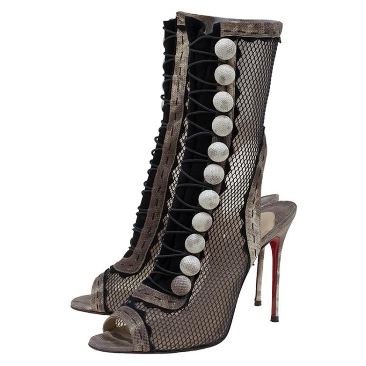 Pre Owned Christian Louboutin Black Mesh and Beige Watersnake Attention 100 Cut Out Boots Size 38.5