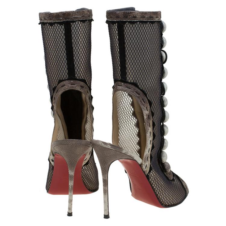 Pre Owned Christian Louboutin Black Mesh and Beige Watersnake Attention 100 Cut Out Boots Size 38.5