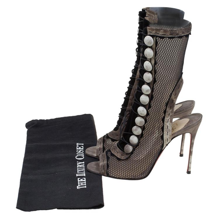 Pre Owned Christian Louboutin Black Mesh and Beige Watersnake Attention 100 Cut Out Boots Size 38.5