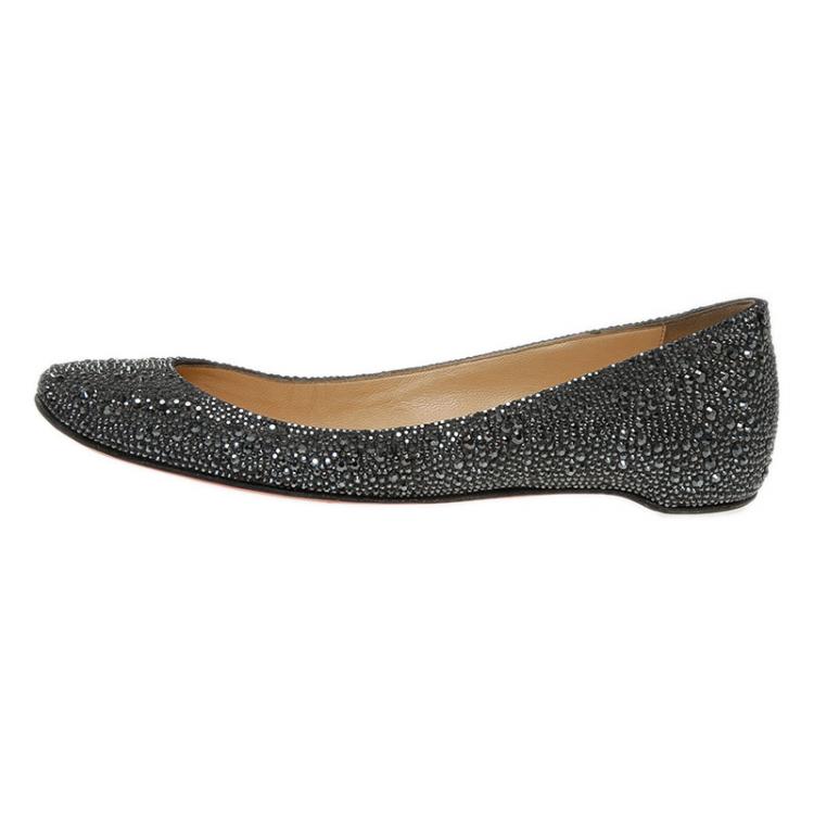 Pre Owned Christian Louboutin Black Strass Leather Gozul Ballet Flats Size 39
