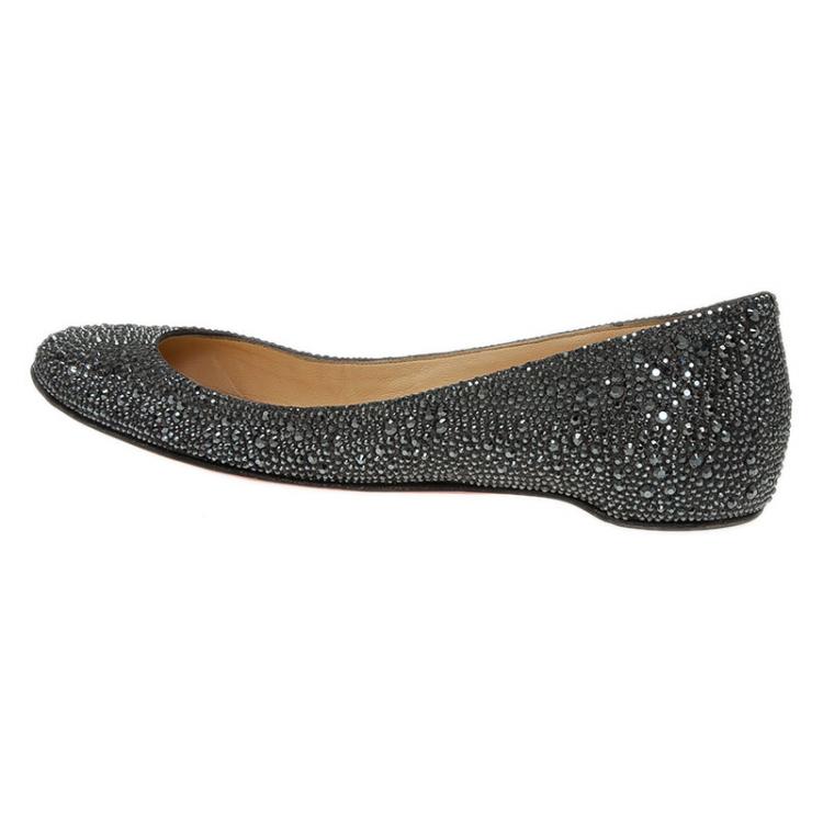 Pre Owned Christian Louboutin Black Strass Leather Gozul Ballet Flats Size 39
