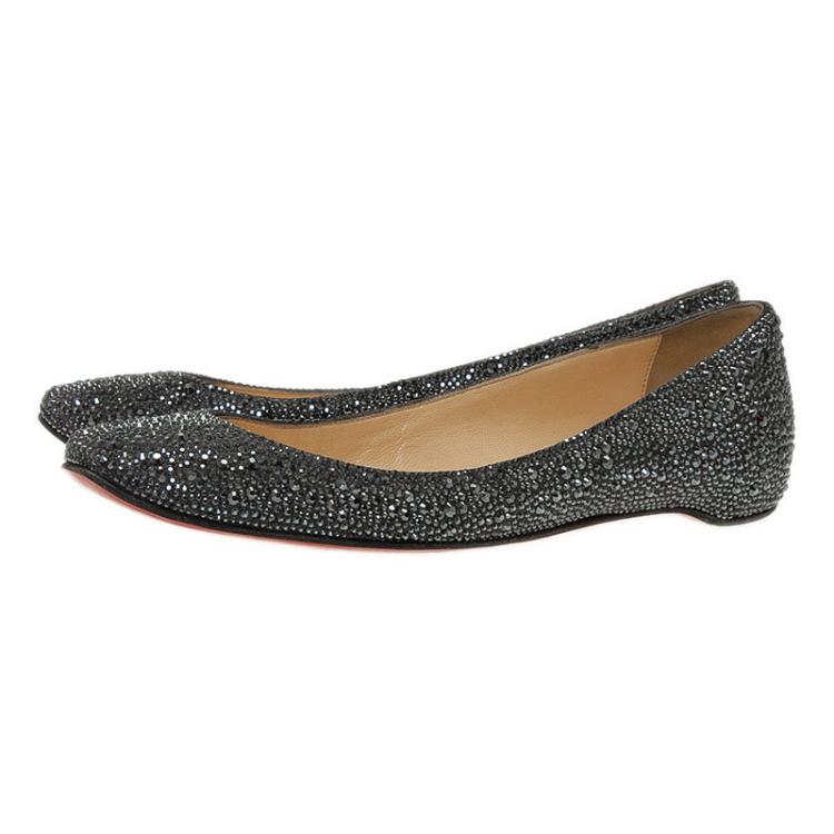 Pre Owned Christian Louboutin Black Strass Leather Gozul Ballet Flats Size 39