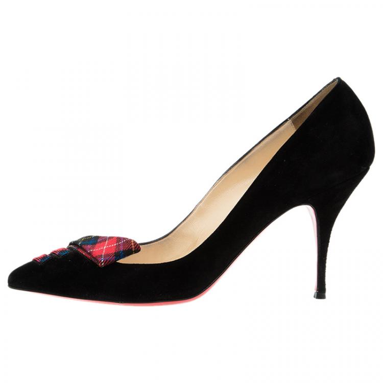 Pre Owned Christian Louboutin Black Suede and Tartan Detail Pointed Toe Pumps Size 41