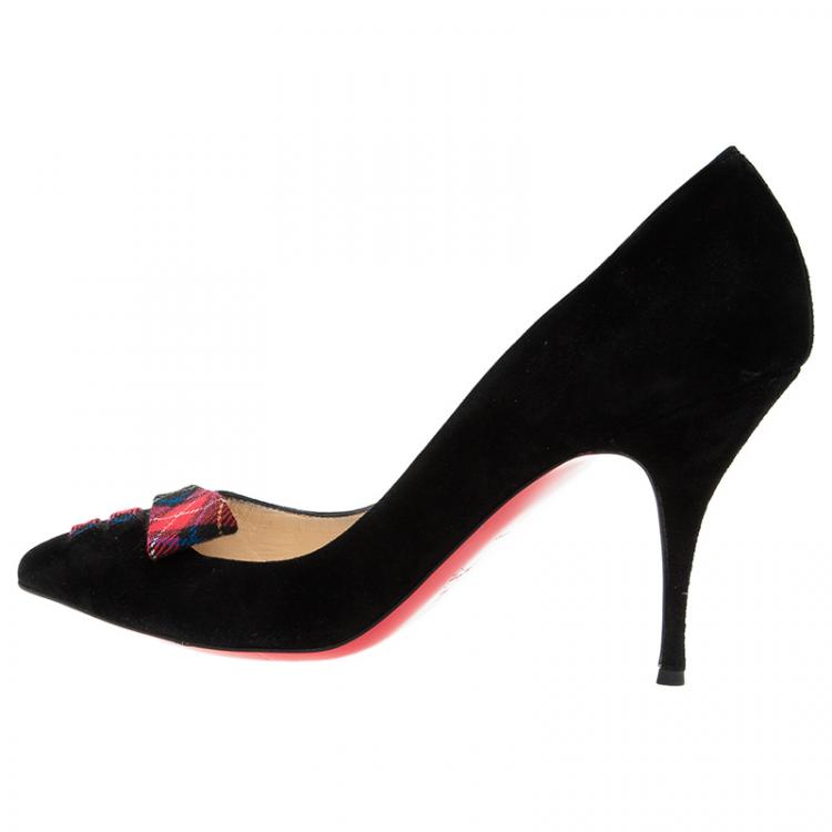 Pre Owned Christian Louboutin Black Suede and Tartan Detail Pointed Toe Pumps Size 41