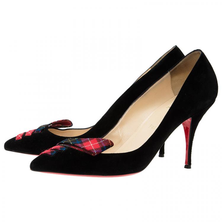 Pre Owned Christian Louboutin Black Suede and Tartan Detail Pointed Toe Pumps Size 41