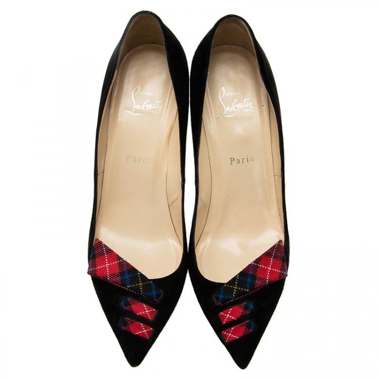 Pre Owned Christian Louboutin Black Suede and Tartan Detail Pointed Toe Pumps Size 41