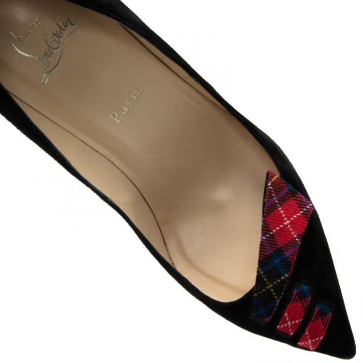 Pre Owned Christian Louboutin Black Suede and Tartan Detail Pointed Toe Pumps Size 41