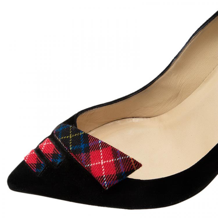 Pre Owned Christian Louboutin Black Suede and Tartan Detail Pointed Toe Pumps Size 41