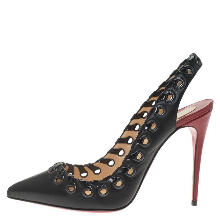 Pre Owned Christian Louboutin Black Leather Whipstitch Ostri Slingback Sandals Size 37.5