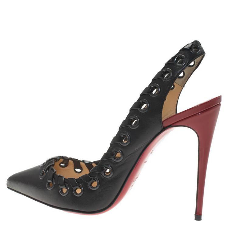 Pre Owned Christian Louboutin Black Leather Whipstitch Ostri Slingback Sandals Size 37.5