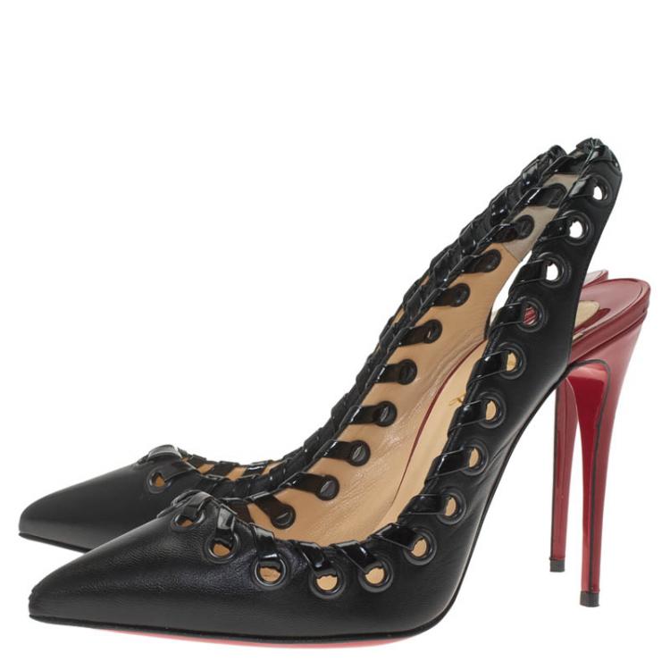 Pre Owned Christian Louboutin Black Leather Whipstitch Ostri Slingback Sandals Size 37.5