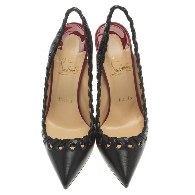 Pre Owned Christian Louboutin Black Leather Whipstitch Ostri Slingback Sandals Size 37.5